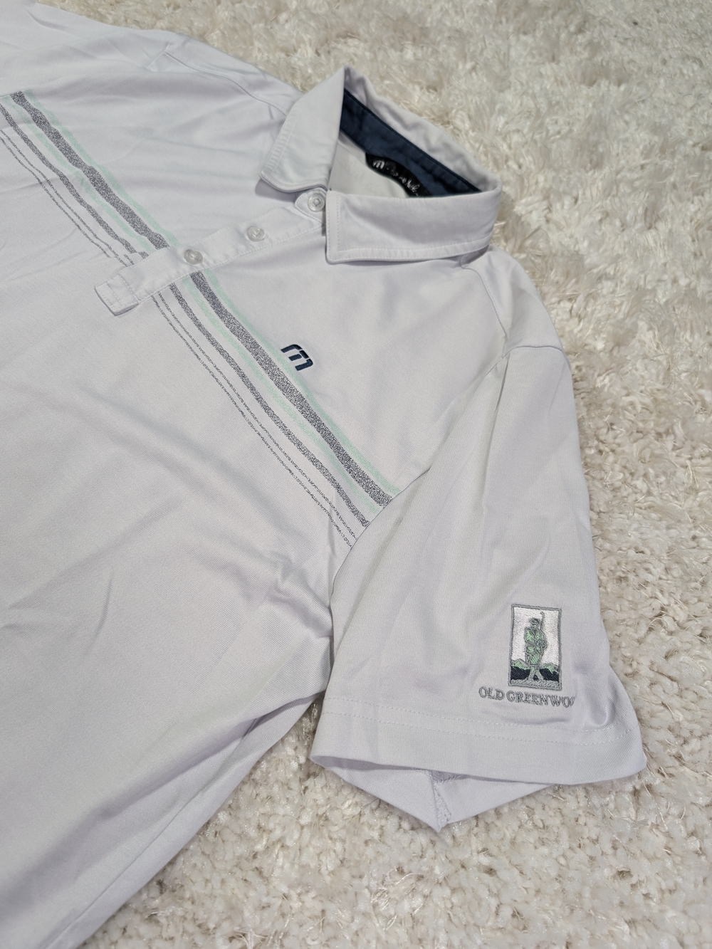 TravisMathew White Polo with Mint and Gray Stripe - Old Greenwood Truckee Califo